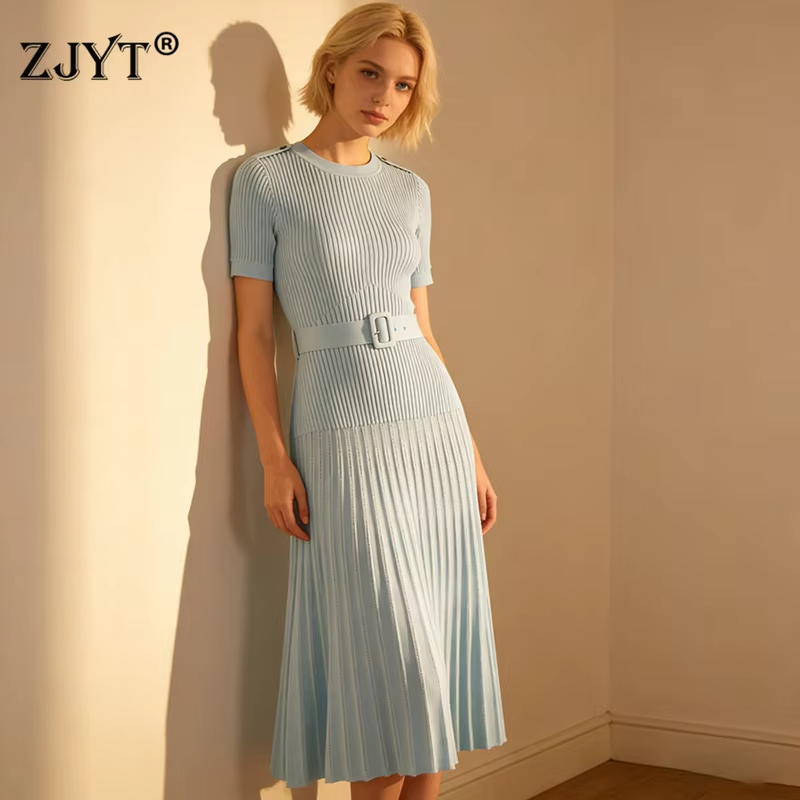 ZJYT Summer Women's Knitted Dress Sweater 2026 Fashion Designer Short Sleeve Lace Up Elegant Slim Party Vacation Dresses Black