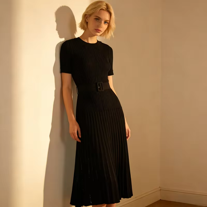 ZJYT Summer Women's Knitted Dress Sweater 2026 Fashion Designer Short Sleeve Lace Up Elegant Slim Party Vacation Dresses Black
