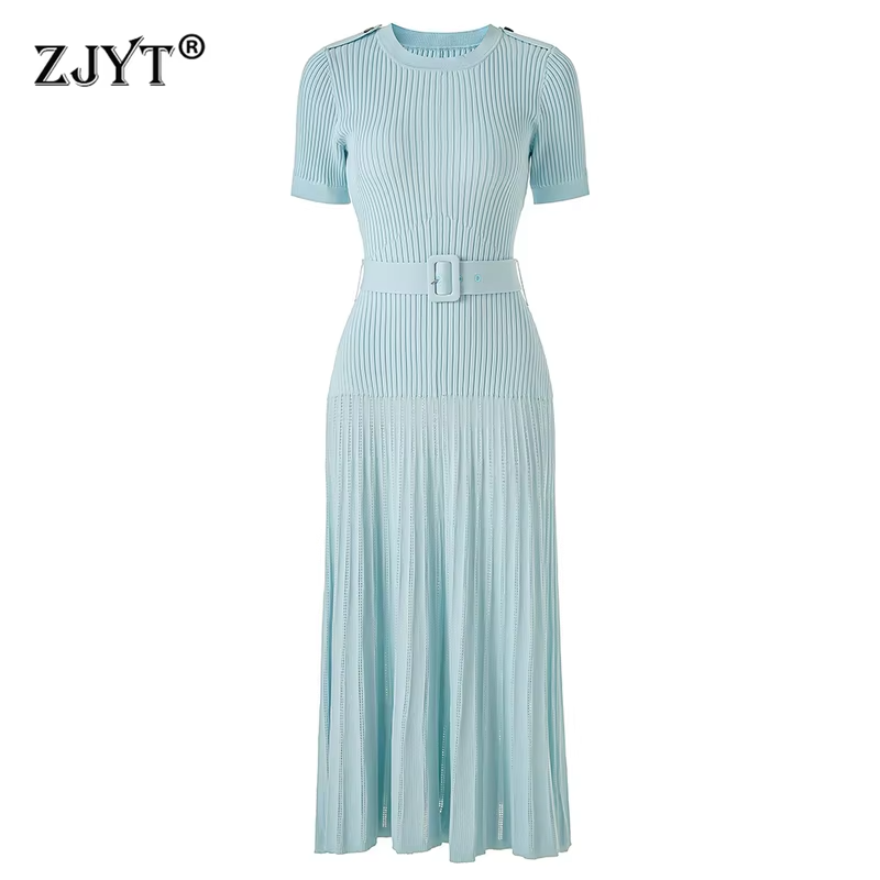 ZJYT Summer Women's Knitted Dress Sweater 2026 Fashion Designer Short Sleeve Lace Up Elegant Slim Party Vacation Dresses Black