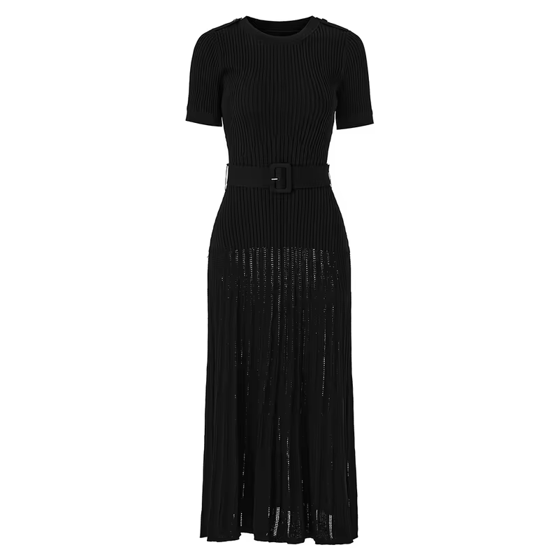 ZJYT Summer Women's Knitted Dress Sweater 2026 Fashion Designer Short Sleeve Lace Up Elegant Slim Party Vacation Dresses Black