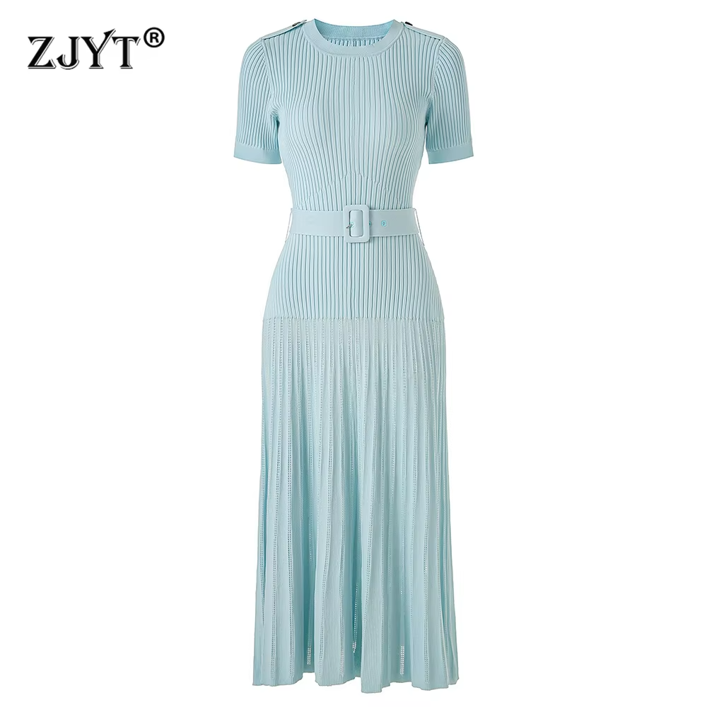 ZJYT Summer Women's Knitted Dress Sweater 2026 Fashion Designer Short Sleeve Lace Up Elegant Slim Party Vacation Dresses Black